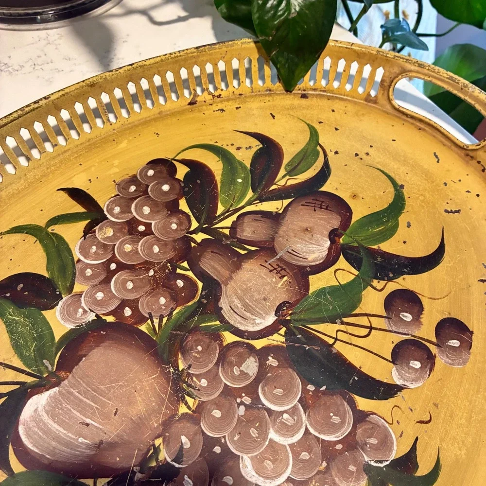 Vtg Toleware Serving Tray Hand Painted Farmhouse Cottage Mid Cent French Country